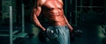 Banner templates with muscular man, muscular torso, six pack abs muscle. Bodybuilder in gym. Training and workouts