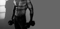 Banner templates with muscular man, muscular torso, six pack abs muscle. Muscular sexy guy with naked torso is posing