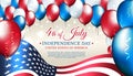 Banner 4th of july usa independence day, vector template with american flag and colored balloons on blue shining starry background Royalty Free Stock Photo
