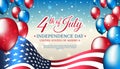 Banner 4th of july usa independence day, vector template with american flag and colored balloons on blue shining starry background Royalty Free Stock Photo