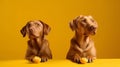Banner with three cute, surprised, and hiding dogs and puppies on a yellow background. Generative ai Royalty Free Stock Photo
