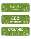 green banners with hand drawn floral elements and text Nature and Eco friendly, Organic product 100%. Vector eco design