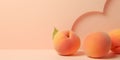 A banner with three orange isolated peaches with green leaves on a peach fuzz color background with a 3D heart. Fruit