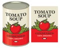 Banner with a tin can and a label for tomato soup Royalty Free Stock Photo