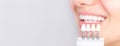 Banner tooth whitening, perfect white teeth close up with shade guide bleach color, female veneer smile, dental care and