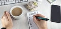 banner with Top view of female hands writing in notepad, note with words BUDGET, cup of coffee and money on table