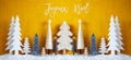 Banner, Trees, Snow, Yellow Background, Joyeux Noel Means Merry Christmas