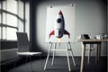 Banner on tripod with rocket in office, Generative AI