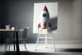 Banner on tripod with rocket in office, Generative AI