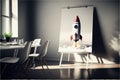 Banner on tripod with rocket in office, Generative AI