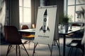 Banner on tripod with rocket in office, Generative AI