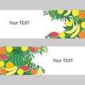 Banner with tropical fruits and leaves. Design for advertising materials, labels, packaging, menus