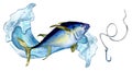 Banner of tuna and sea wave watercolor illustration isolated on white. Royalty Free Stock Photo