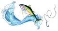 Banner of tuna and sea wave watercolor illustration isolated on white. Royalty Free Stock Photo