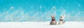 Banner 3:1. Two ceramic Christmas reindeer toy on snowy background. Christmas or New Year celebration concept. Copy space