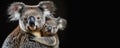 A banner with two koalas in a close embrace, exuding a sense of warmth and affection against a black background, with copy-space Royalty Free Stock Photo