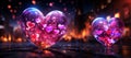 A banner with two pink big glass heart with little hearts inside if it standing on wet pavement. Blurred fire and bokeh