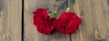 banner with two red carnations on a wooden background. two carnations as a symbol of grief and death.