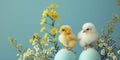 A banner of Two yellow chicks sitting on white eggs on a blue surface with spring flowers, image symbolizing new Royalty Free Stock Photo