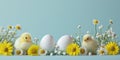 A banner of Two yellow chicks beside white eggs on a daisy-dotted blue surface a serene image symbolizing new beginnings Royalty Free Stock Photo