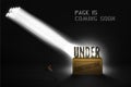 Banner Under construction on wood box in spotlights on black background. Website coming soon poster