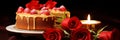 Banner. Valentines Delight. Sumptuous Strawberry Cake with Red Roses, Perfect Treat for Romance Royalty Free Stock Photo