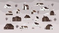 Banner with various country houses of modern Scandinavian architecture and walking people. Background with town Royalty Free Stock Photo