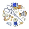 Banner of various hand drawn vintage objects for sewing, handicraft and handmade.