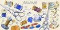 Banner of various hand drawn vintage objects for sewing, handicraft and handmade. Royalty Free Stock Photo