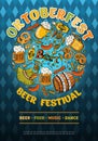 Banner in vector for the festival Oktoberfest. German traditional beer festival. Lager Beer with pretzel, sausages, wheat and