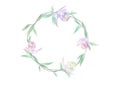 A banner vectors of Watercolor flowers and green leafs on the circle crownd with branch and rope, beautiful floral frame banner