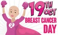 Victorious Bald Female Hero Conquering Breast Cancer, Vector Illustration