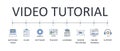 Banner video tutorial. Vector set of line icons editable stroke. Software screen recording teacher online training support.