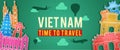 Banner of Vietnam famous landmark silhouette colorful style,plane and balloon fly around with cloud