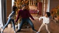 Banner view of biracial dad with kids dancing Royalty Free Stock Photo