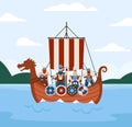 Banner with viking drakkar ship and warriors on board, flat vector illustration.