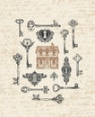 Banner with vintage keys, keyholes and old house