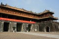 A banner was hung on the gate of the Forbidden City of Hue (Vietnam) Royalty Free Stock Photo