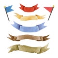 Banner watercolor vintage set. Hand drawn pennant and flag collection. Decorative label retro ribbon elements. Various