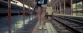 Banner web page or cover template. Travel concept. Woman traveler tourist waiting for the train with a backpack, traveling map Royalty Free Stock Photo