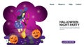 Banner for web page design and mobile applications on the theme of all saints eve Halloween a witch stands and holds a broom among