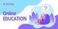 Banner for web page template. Online education. Student girl is thinking about solving task and asking question. Concept of e- Royalty Free Stock Photo