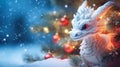 Banner with white dragon with bokeh winter snow background. Chinese New Year decoration close up of dancing dragon on