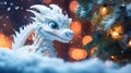 Banner with white dragon with bokeh winter snow background. Chinese New Year decoration close up of dancing dragon on