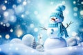 Banner with white snowman closeup on blue background, top view. Merry Christmas and Happy New Year holiday concept Royalty Free Stock Photo