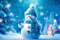 Banner with white snowman closeup on blue background, top view. Merry Christmas and Happy New Year holiday concept Royalty Free Stock Photo