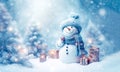 Banner with white snowman closeup on blue background, top view. Merry Christmas and Happy New Year holiday concept Royalty Free Stock Photo