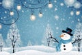 Banner with white snowman closeup on blue background, top view. Merry Christmas and Happy New Year holiday concept Royalty Free Stock Photo