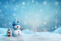 Banner with white snowman closeup on blue background, top view. Merry Christmas and Happy New Year holiday concept Royalty Free Stock Photo