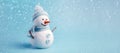 Banner with white snowman closeup on blue background, top view. Merry Christmas and Happy New Year holiday concept